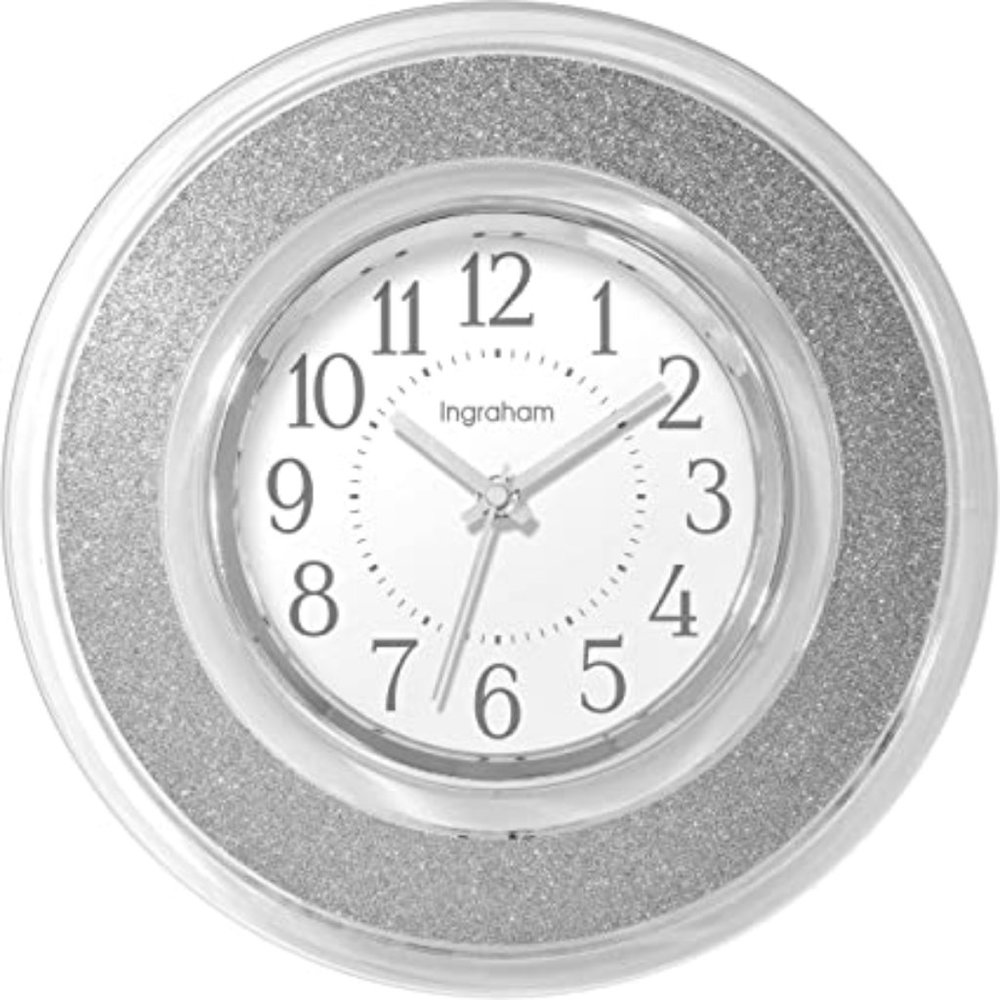 Silver Glitter Round Mirror Clock 12inch Twinkle Bling Wall Clock